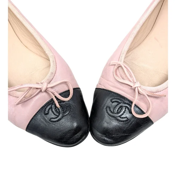 Vintage Chanel Ballet Flats Pink Black Cap Toe Bow Interlocking CC Logo 37.5 | 7 - Picture 3 of 12
